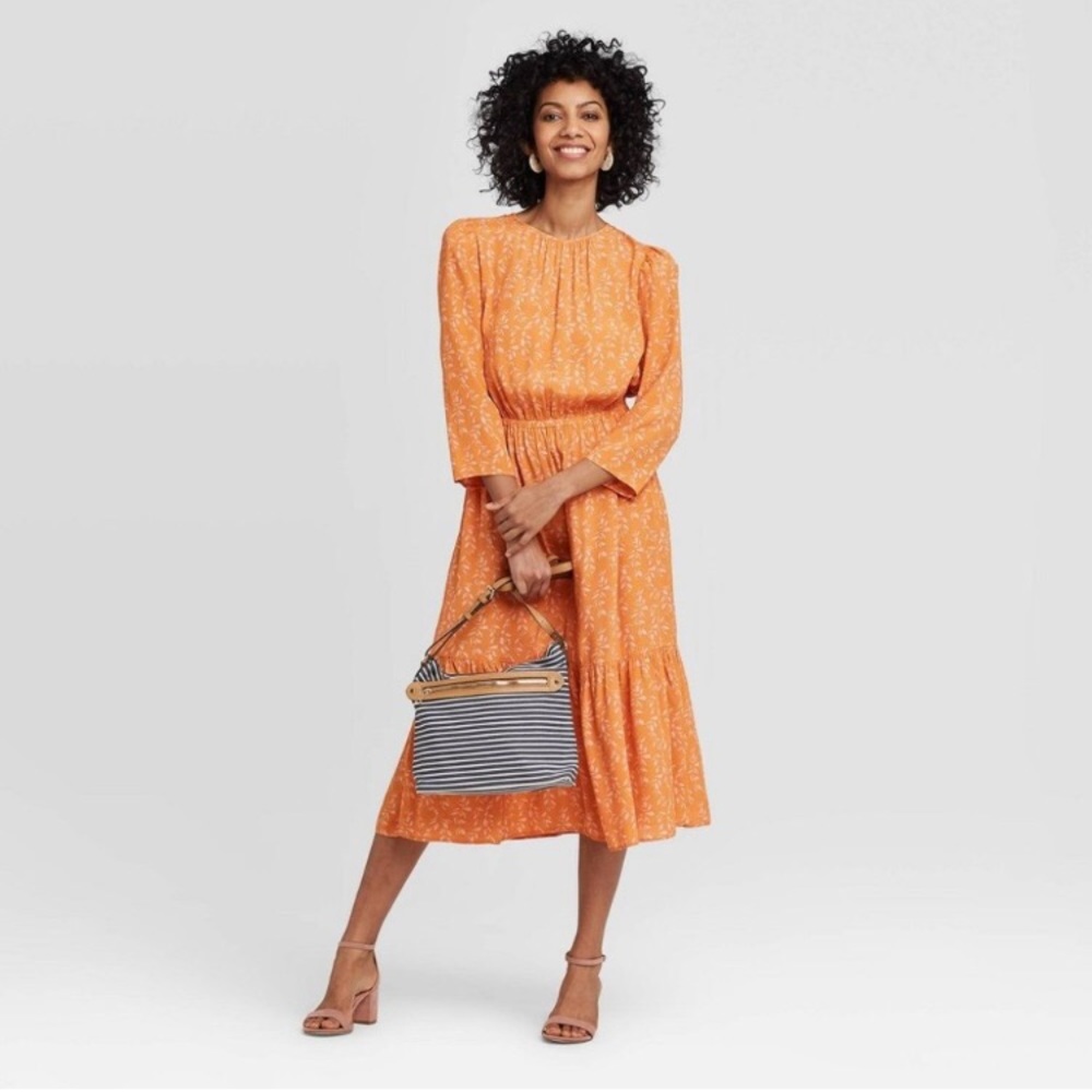 A new day Orange floral long sleeve tiered ruffle midi dress